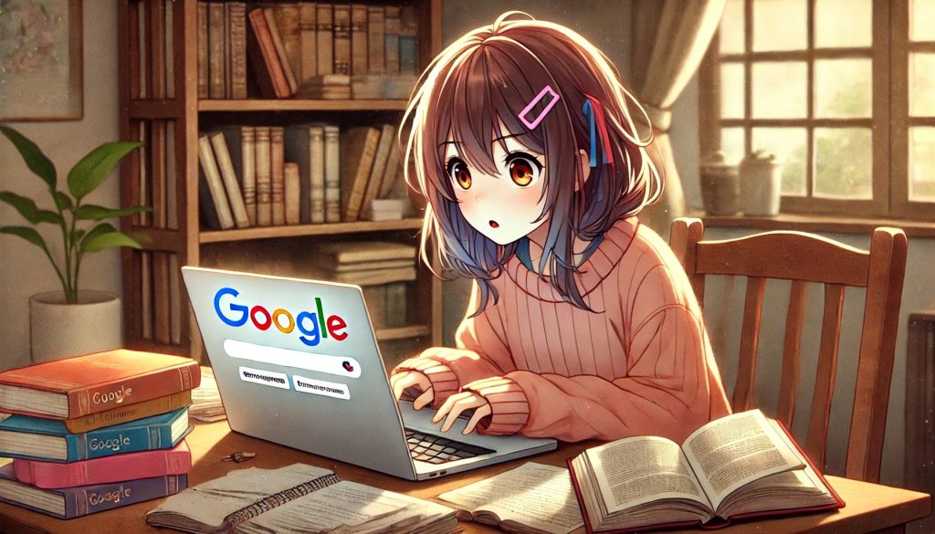 Googleで調べ物をしている女の子。